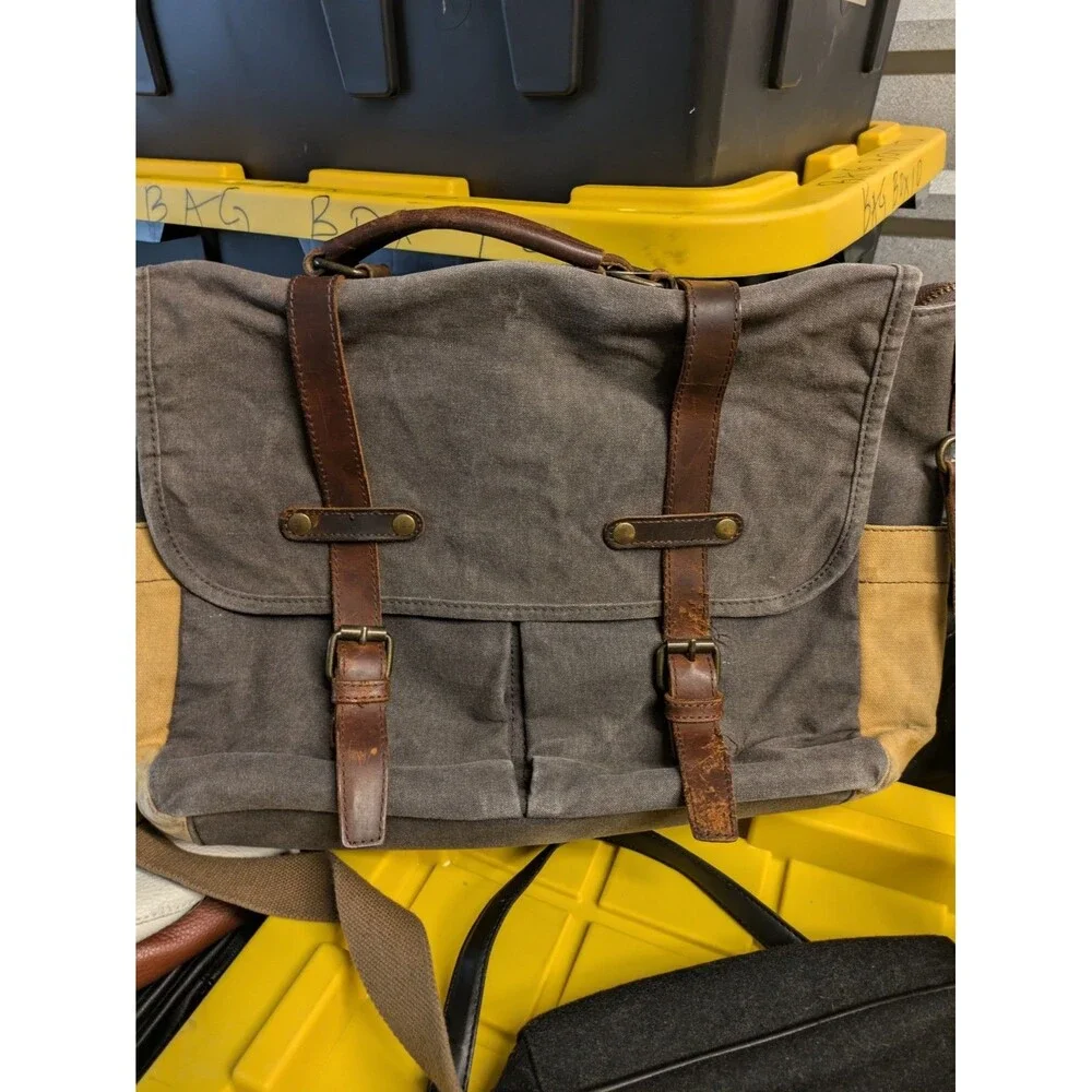Messenger Bag Gray Canvas Brown Leather Satchel Cross Body Shoulder